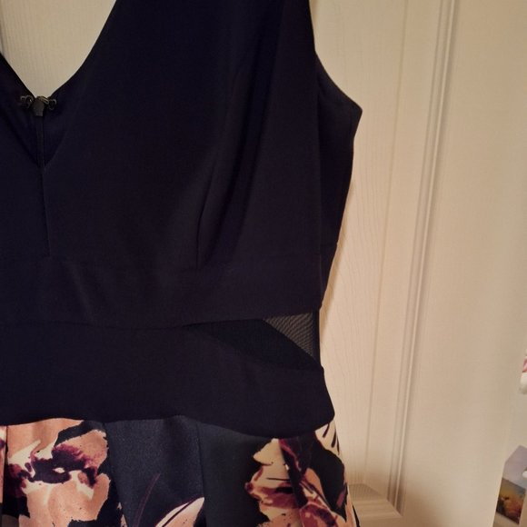 Navy Blue Tea Length Dress with Mesh Cut Outs and Floral Skirt - Picture 2 of 9